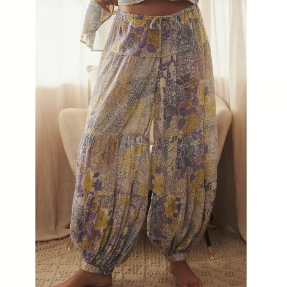 2/$45 By Anthropologie Floral Tiered Balloon Pants in Purple and Yellow Size M